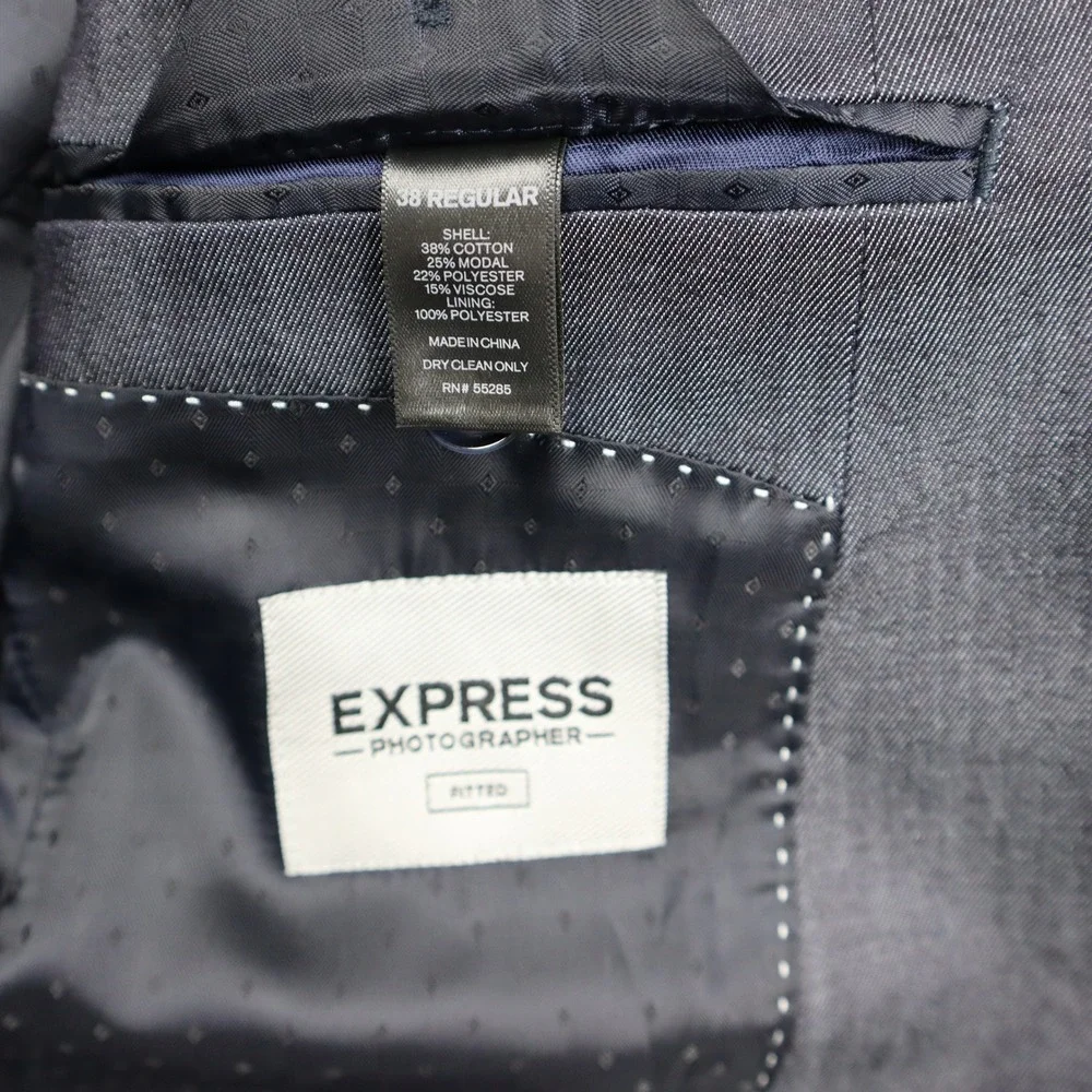Express Blazer Mens 38 Regular Photographer Fitted Blue 2-Button Suit Jacket
